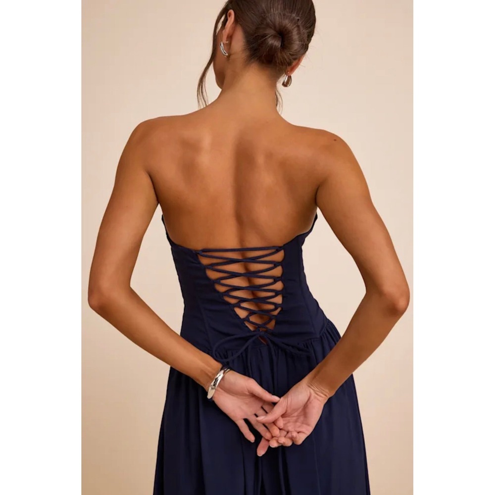 Lulus Almeria Navy Blue Strapless Corset Lace Up Maxi Dress XS $118 2838